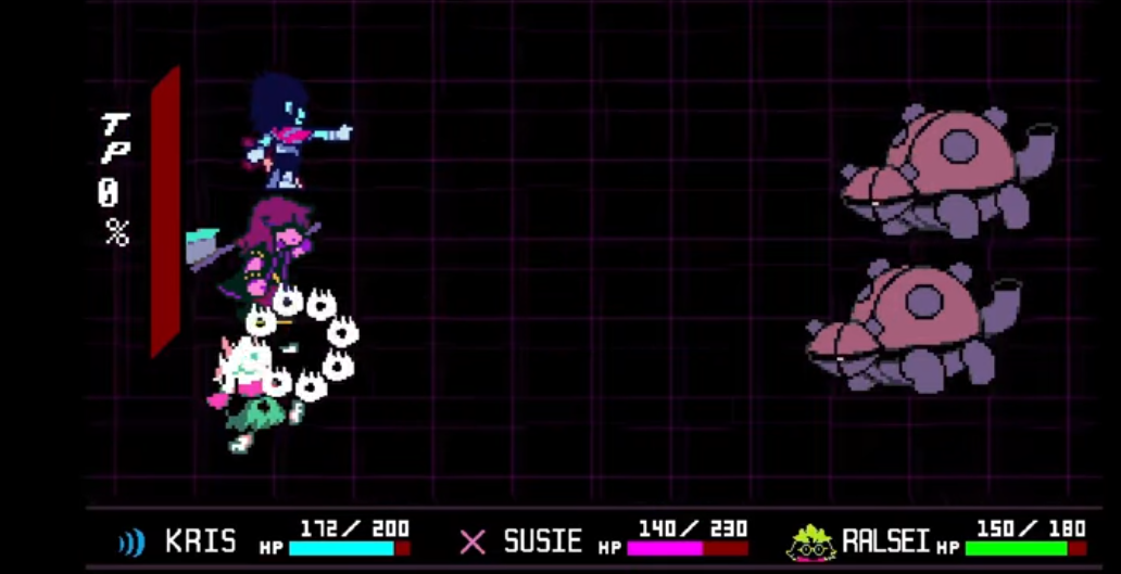 Image of the only instance of Ralsei using fire magic, against the Balthizard enemies in Chapter 4.